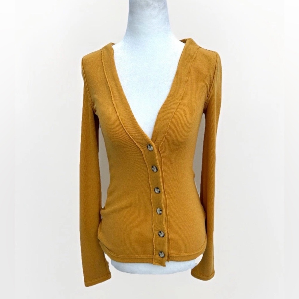 Free People Cardigan Sweater Top Mustard Yellow Rib Knit Sz S Button Front Slim